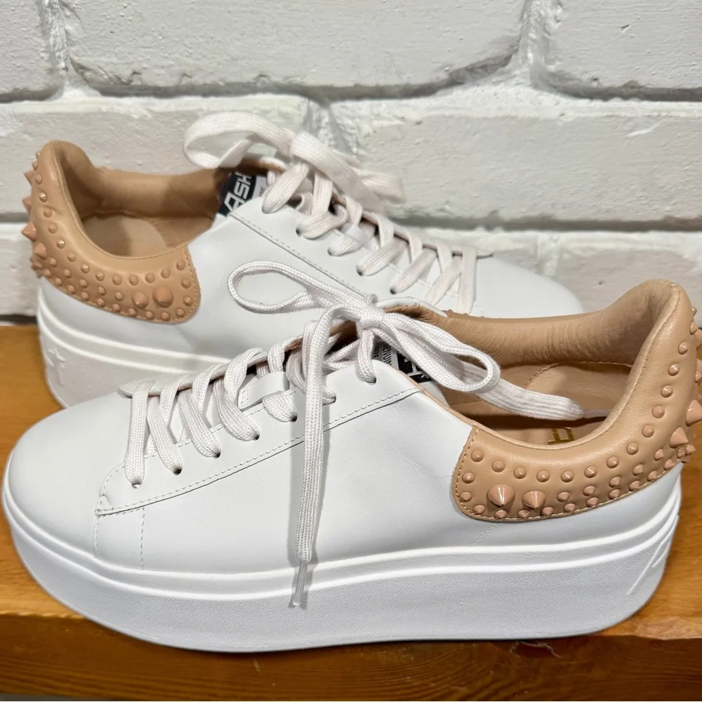 ASH Platform Sneakers White Leather NUDE Studded Heel Size 40 Luxury Chunky NIB - Picture 3 of 15